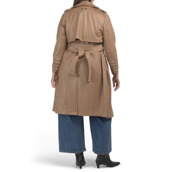 AVEC LES FILLES Brown Plus Faux Suede Belted Trench Coat - Picture 2 of 2